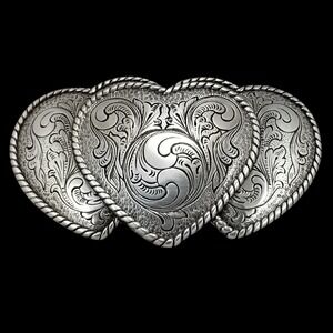 Vintage Western Style Triple Heart‎ Engraved Belt Buckle Silver Tone Cowboy